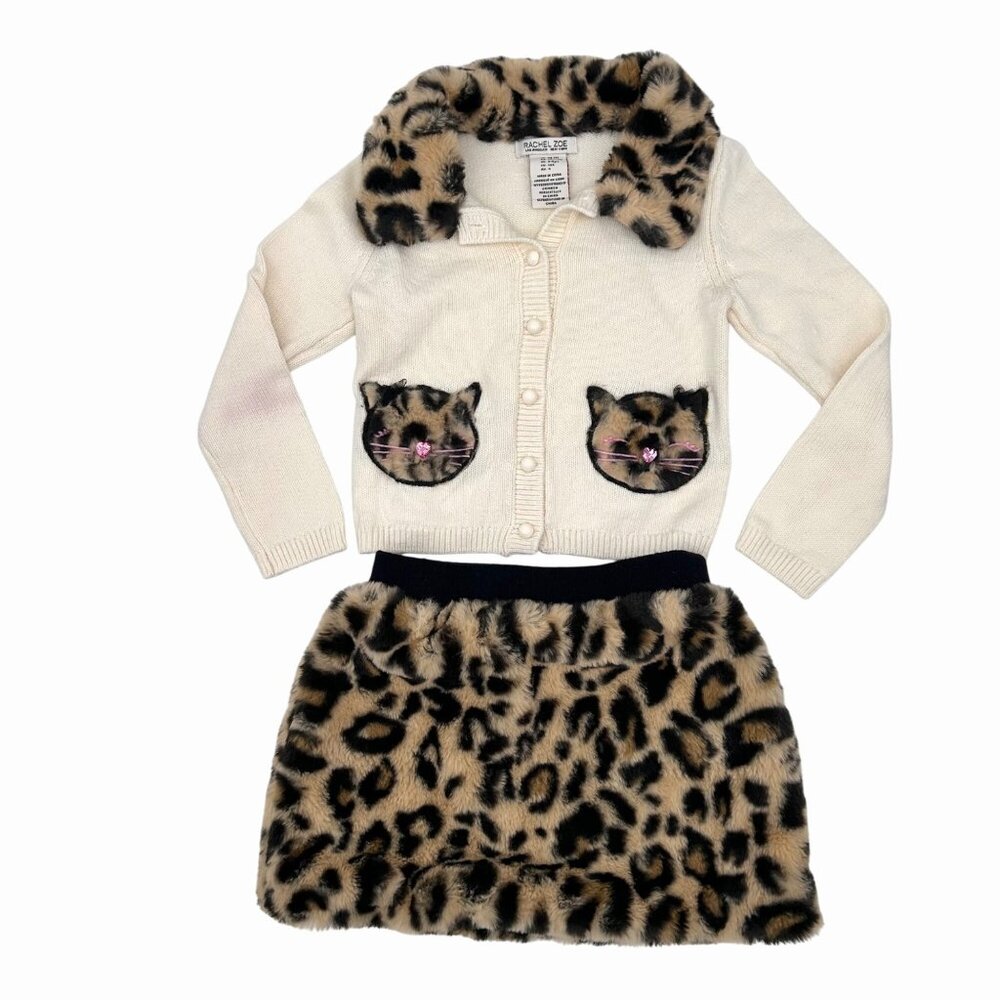 RACHEL ZOE GIRLS XS 4 FURRY LEOPARD KITTY CAT CARDIGAN SWEATER & SKIRT SET